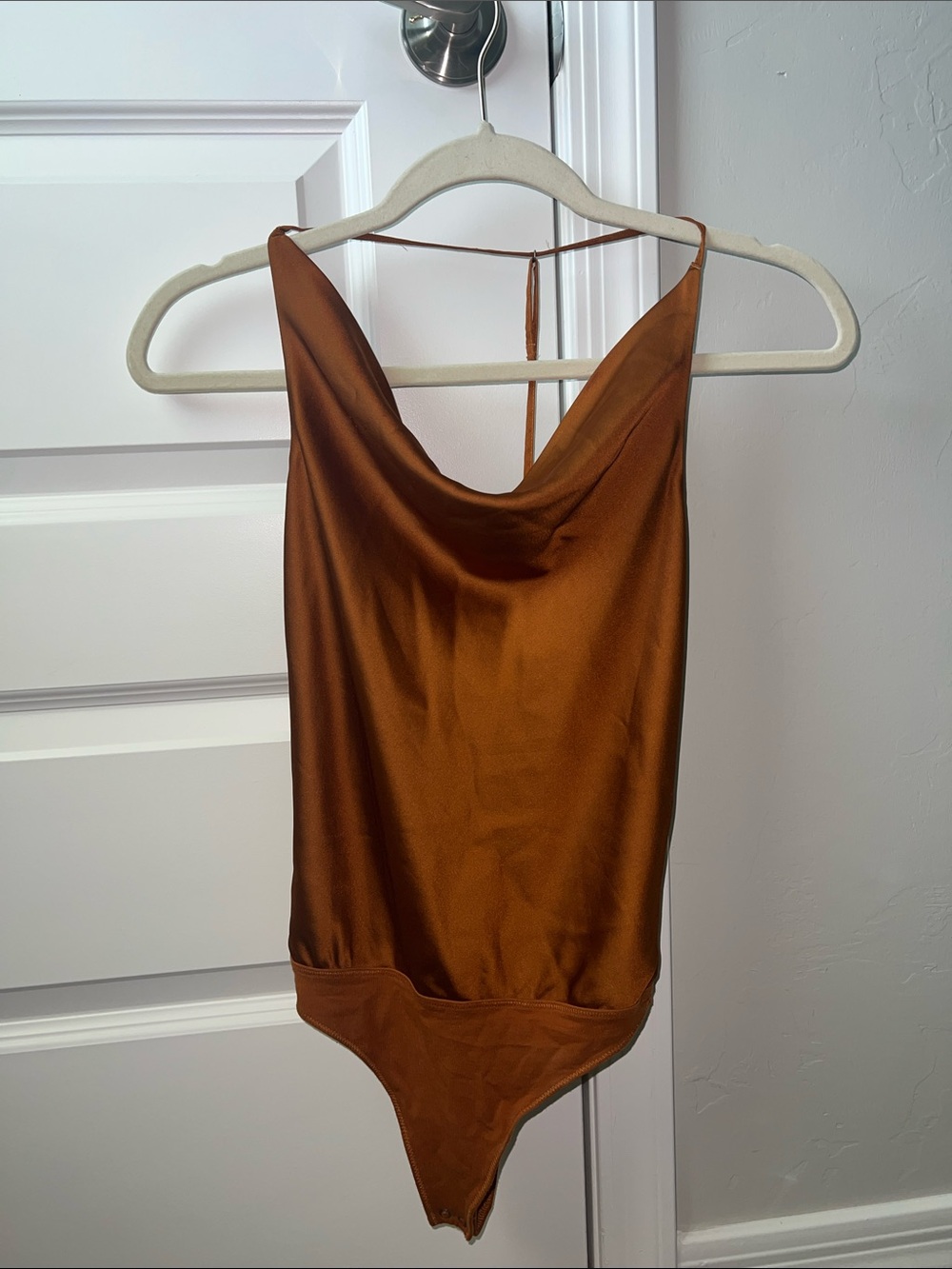 Abercrombie and Fitch Satin Cowl Neck Copper Brown T-Back Bodysuit